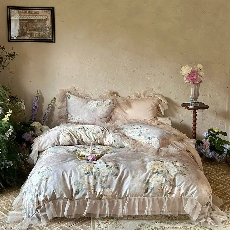 Delicate blush pink satin bedding set with decorbites french flowers lace and sheer ruffled trim for elegant bedroom decor