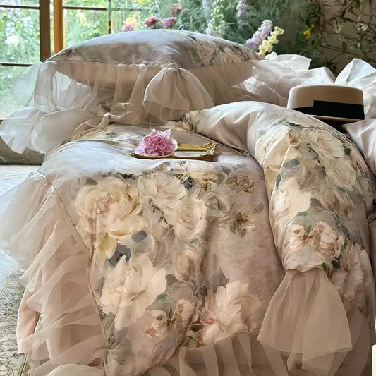 Blush pink bedding set with french flowers lace, delicate ruffled layers, and soft satin base by decorbites french flowers