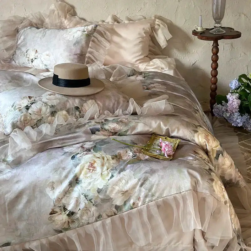 A cream satin duvet cover with soft floral pattern and ruffled edges in decorbites french flowers lace bedding set