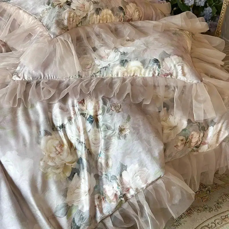 A cream-colored satin bedding set with soft floral print and layered tulle ruffles in decorbites french flowers lace style