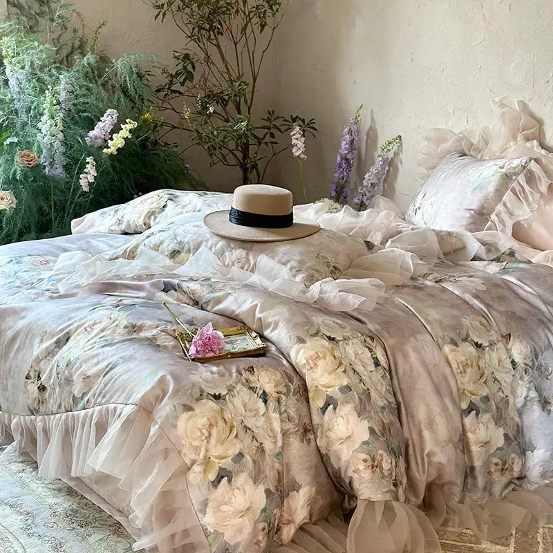 A cream-colored satin duvet cover with floral pattern and ruffled edges in decorbites french flowers lace bedding set