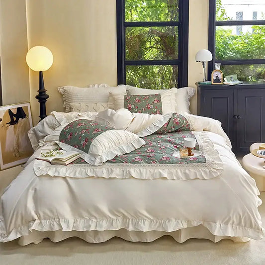 Cream-colored bedding set with french flowers lace featuring delicate ruffled edges and soft green floral pillowcases decorbites french flowers