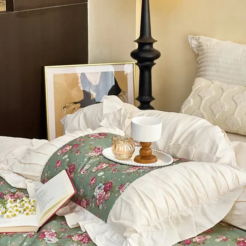 A delicate white ceramic candle holder with wooden base on pearl tray complements decorbites french flowers lace bedding set