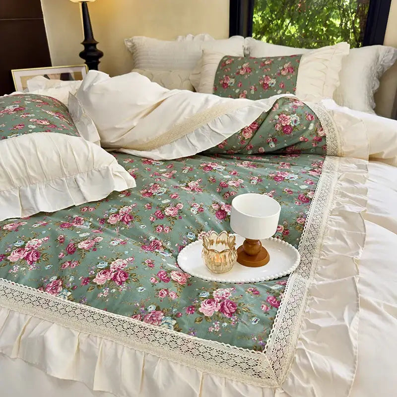 A delicate mint green bedding set with pink and white roses edged in lace trim decorbites french flowers lace