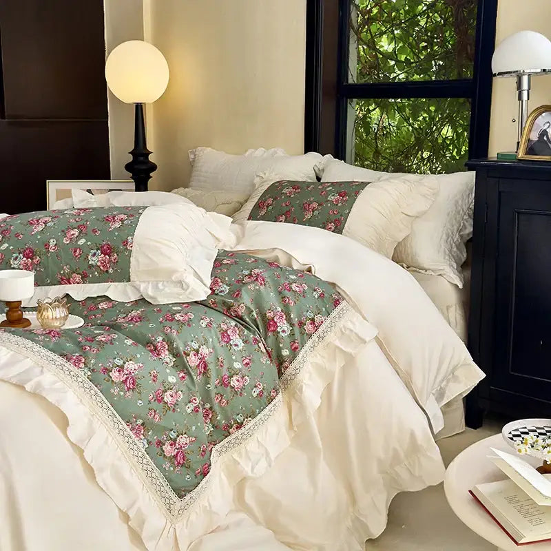 A soft sage green bedding set with delicate pink and white blossoms and french flowers lace trim for decorbites french flowers