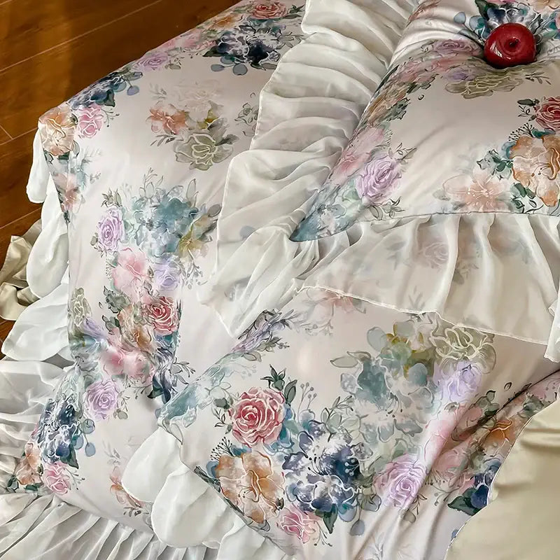Off-white satin pillowcase with pastel floral pattern and ruffled edges in decorbites french flowers lace bedding set