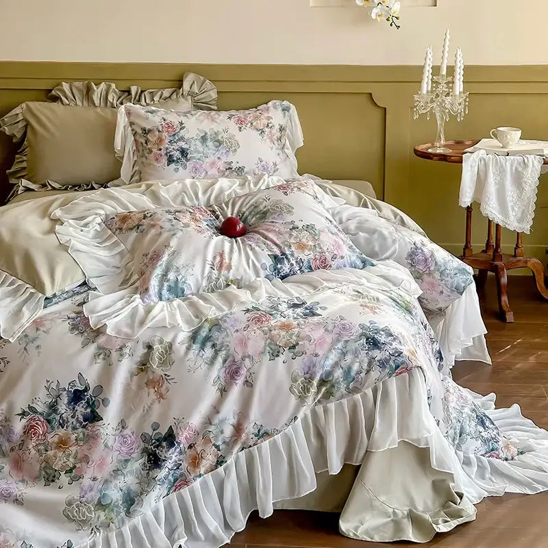 A delicate decorbites french flowers lace ruffles satin bedding set in romantic pastel colors for bedroom decor