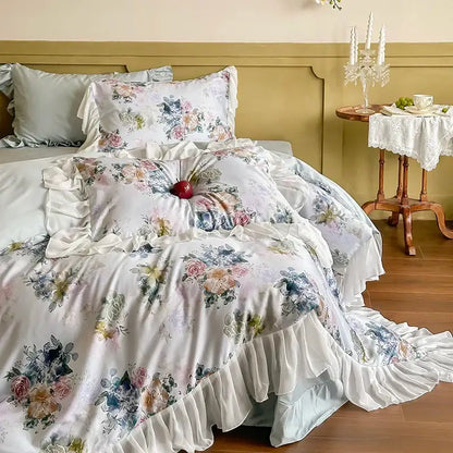 Floral-patterned satin bedding set with french flowers lace ruffles in soft pastel tones for elegant decorbites french flowers decor