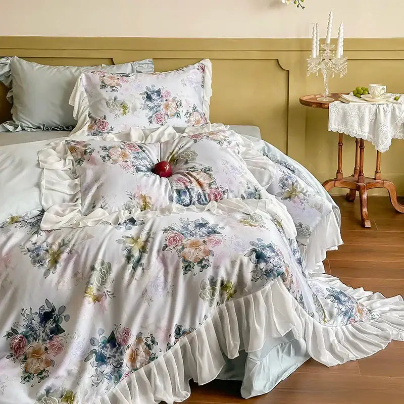 Floral-patterned satin bedding set with french flowers lace ruffles in soft pastel tones for elegant decorbites french flowers decor