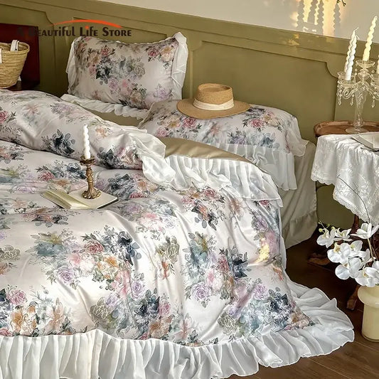 Floral-patterned satin bedding set with ruffled edges in soft pastel hues featuring decorbites french flowers lace design