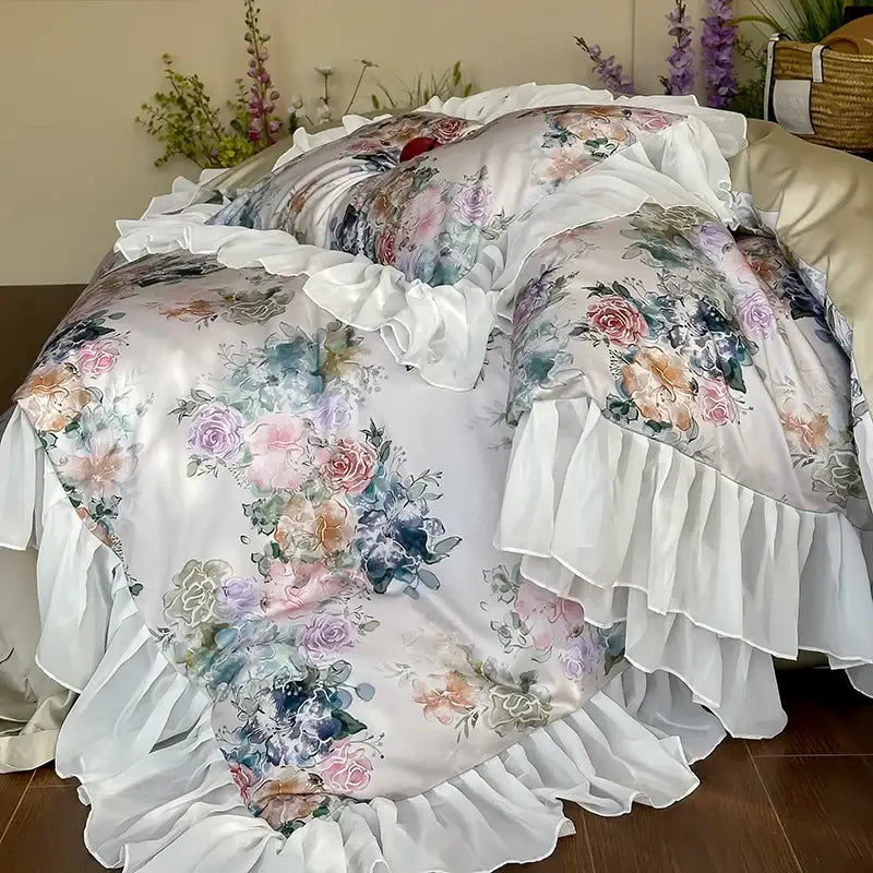 A luxurious satin bedding set with delicate pink purple green watercolor florals and flowing white ruffles decorbites french flowers lace