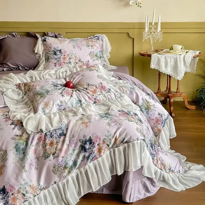 Pastel pink floral bedding set with french flowers lace and layered white ruffles satin finish for decorbites bedroom decor