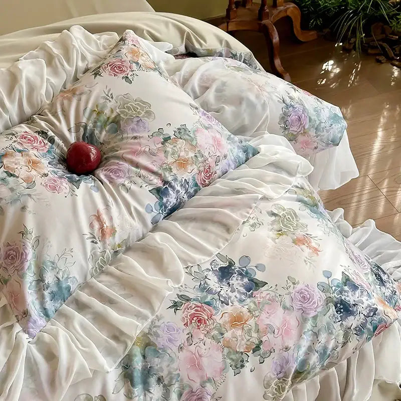 A soft ruffled pastel pink lavender and blue satin bedding set featuring french flowers lace for elegant decorbites french flowers decor
