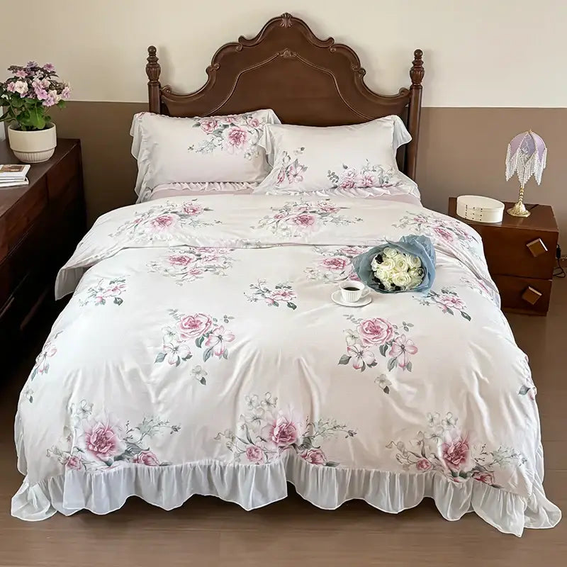 White bedding set with delicate pink and gray rose patterns and soft ruffled edge from decorbites french flowers lace collection