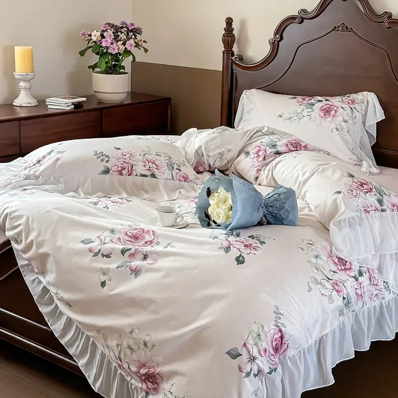 White floral bedding set with pink roses green leaves and soft ruffled edges featuring decorbites french flowers lace design
