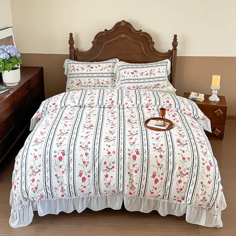 White bedroom bedding set with pink roses black stripes and ruffled hem featuring decorbites french flowers lace design