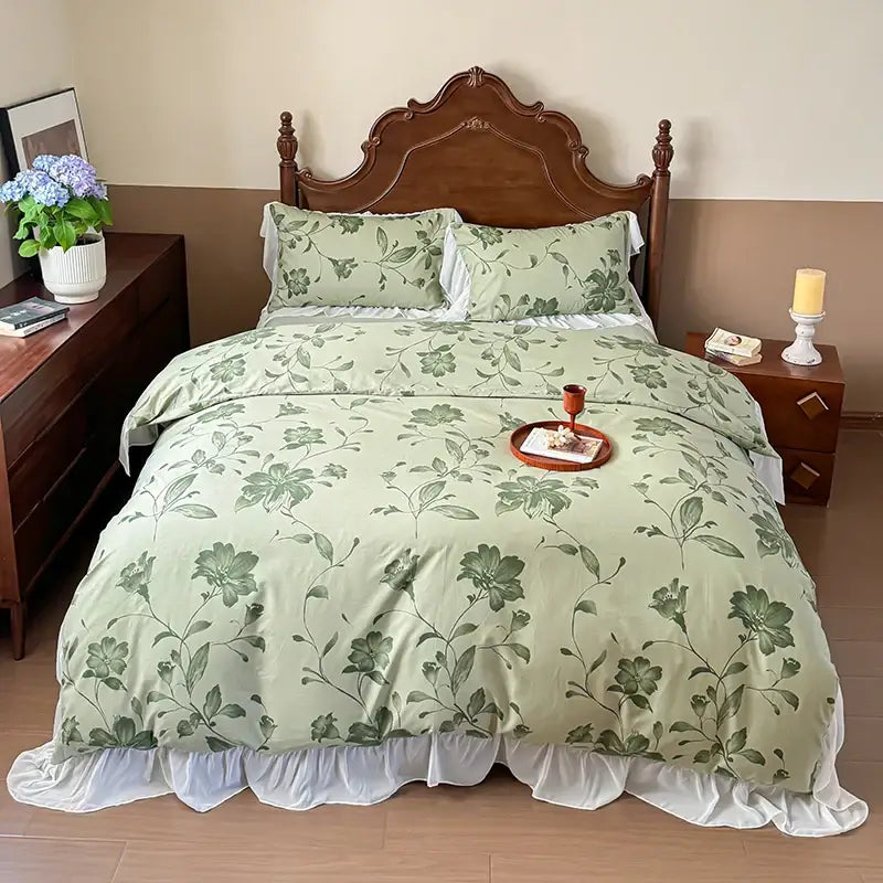 Light green floral bedding set with white ruffled edges and delicate botanical print by decorbites french flowers lace