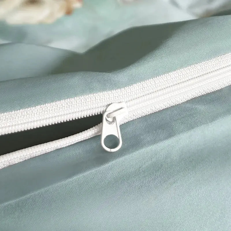 White zipper with metallic pull tab on lace ruffles bedding set in mint and white for decorbites french flowers decor