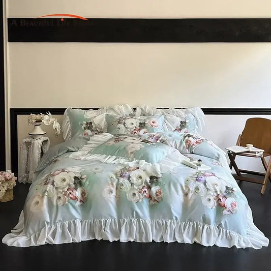 Delicate mint green bedding set with lace ruffles and soft satin fabric from decorbites french flowers collection