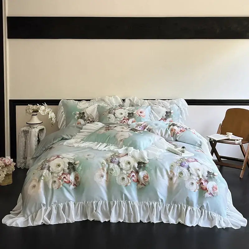 A delicate mint green bedding set with lace ruffles and pastel rose pattern from decorbites french flowers collection