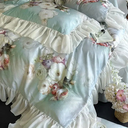 Delicate mint green bedding set with lace ruffles and french flowers mint white lace ruffles decorbites bedroom decor
