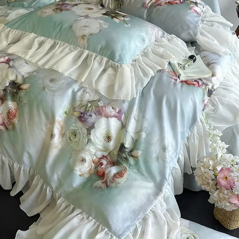 Delicate mint green bedding set with lace ruffles and french flowers mint white lace ruffles decorbites bedroom decor
