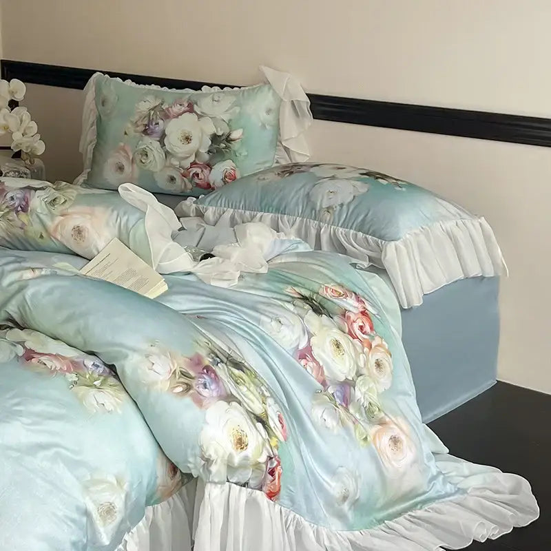 Pastel blue satin bedding set with delicate floral prints and white lace ruffles for decorbites french flowers decor