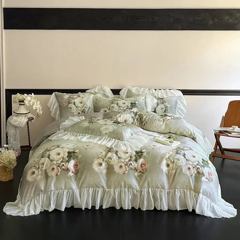Elegant sage green satin bedding set with white and blush floral prints and soft lace ruffles decorbites french flowers