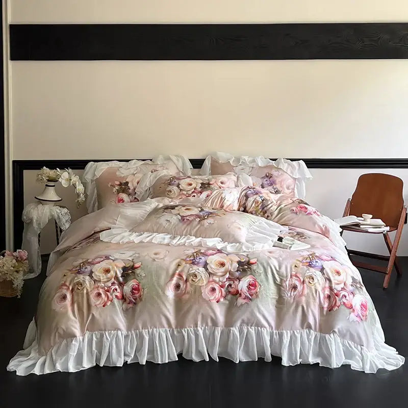 A soft blush pink satin bedding set with delicate pink mauve cream roses and white lace ruffles decorbites french flowers