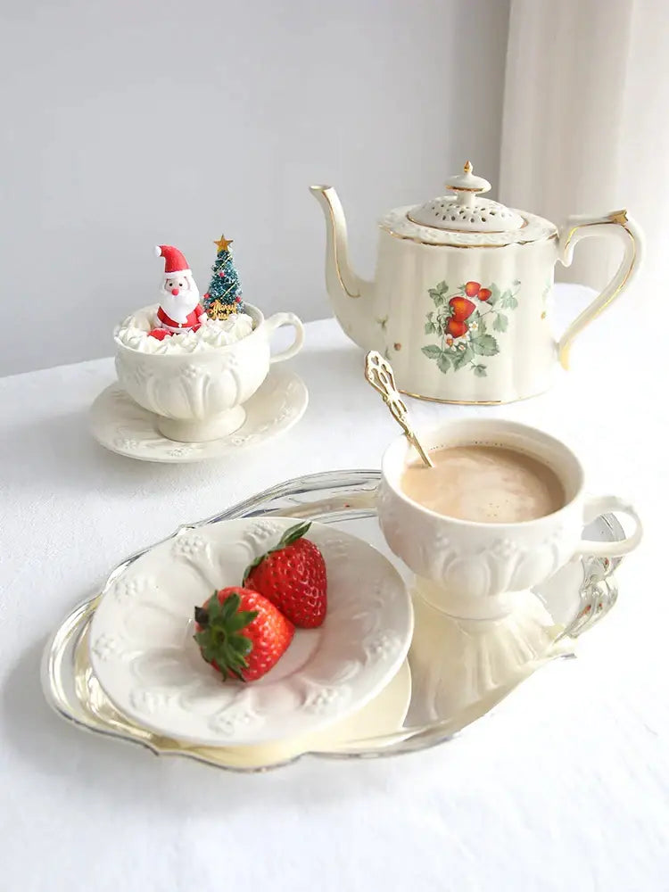 Cream-colored porcelain teapot with gold trim and floral design for decorbites french garden cream tea cup set