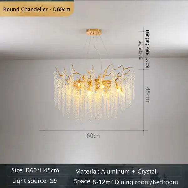 French golden crystal branch chandelier featuring a gold-toned aluminum frame and cascading crystal droplets decorbites crystal branch