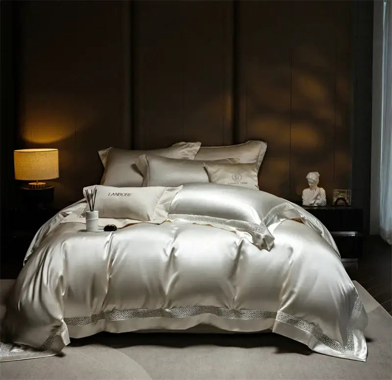 Luxurious cream satin bedding set with silver lace trim and matching pillows for decorbites french hollow luxury bedroom decor