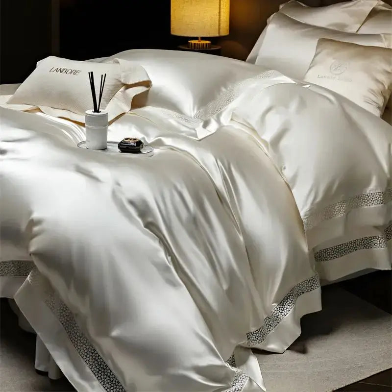 Luxurious white satin bedding set with black geometric embroidery edges from decorbites French hollow luxury collection