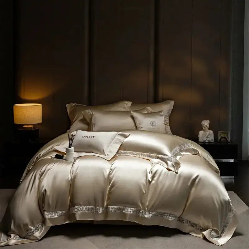 Cream-colored satin bedding set with delicate lace trim and embroidered pillows for decorbites french hollow luxury bedroom decor