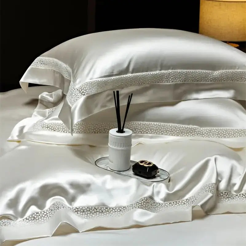 Elegant ivory satin pillowcases with delicate silver lace trim from decorbites french hollow luxury bedding set