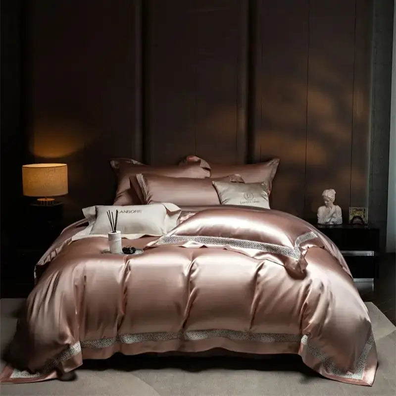 Rose gold satin bedding set with silver leopard print trim for decorbites French hollow luxury bedroom decor