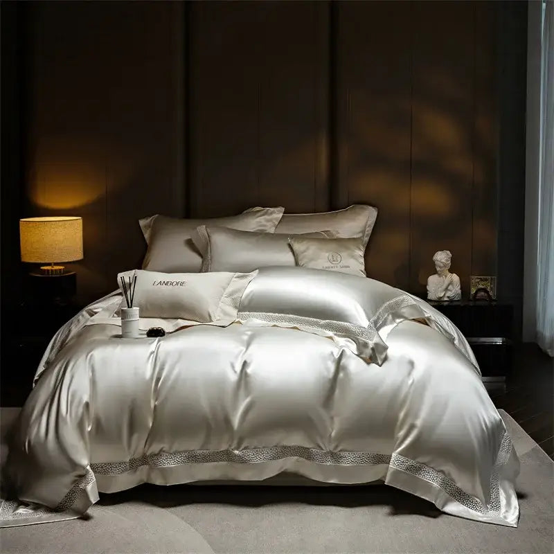 Silk satin bedding set in soft silver with elegant beaded trim for decorbites french hollow luxury bedroom decor