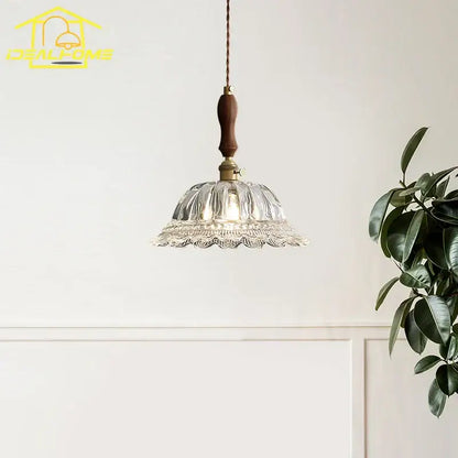 Clear glass pendant lights with fluted ruffled design and dark wood handle for french ins walnut decorbites kitchen island