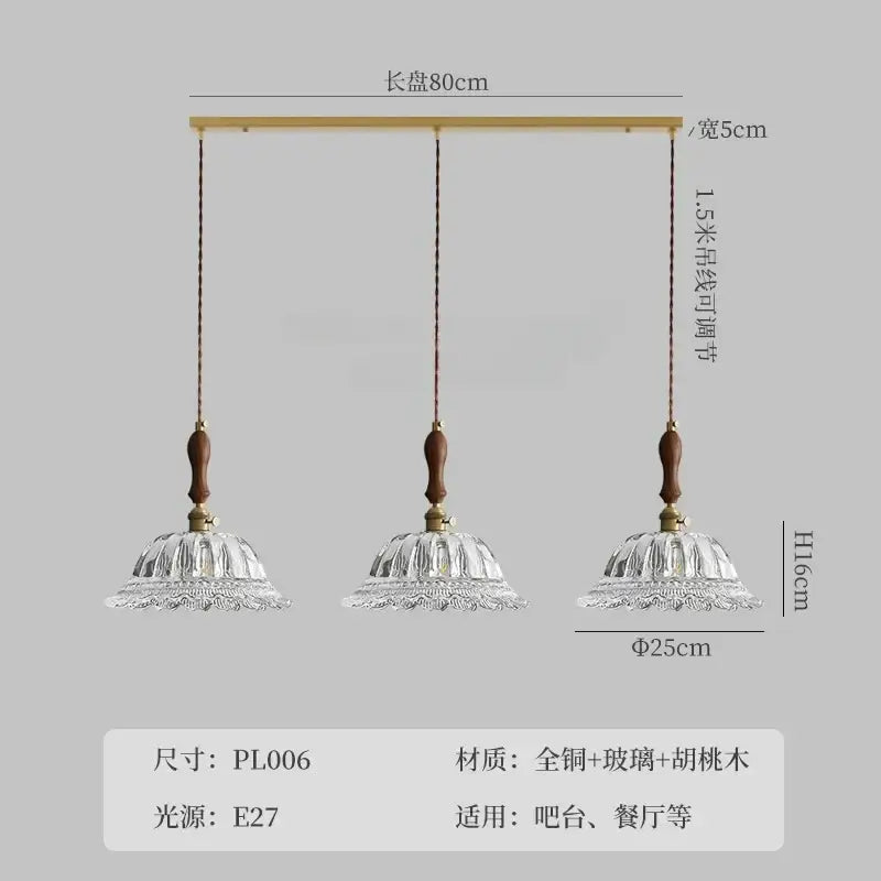 Three-light pendant lights with brass frame wooden finials and faceted glass shades decorbites french ins walnut