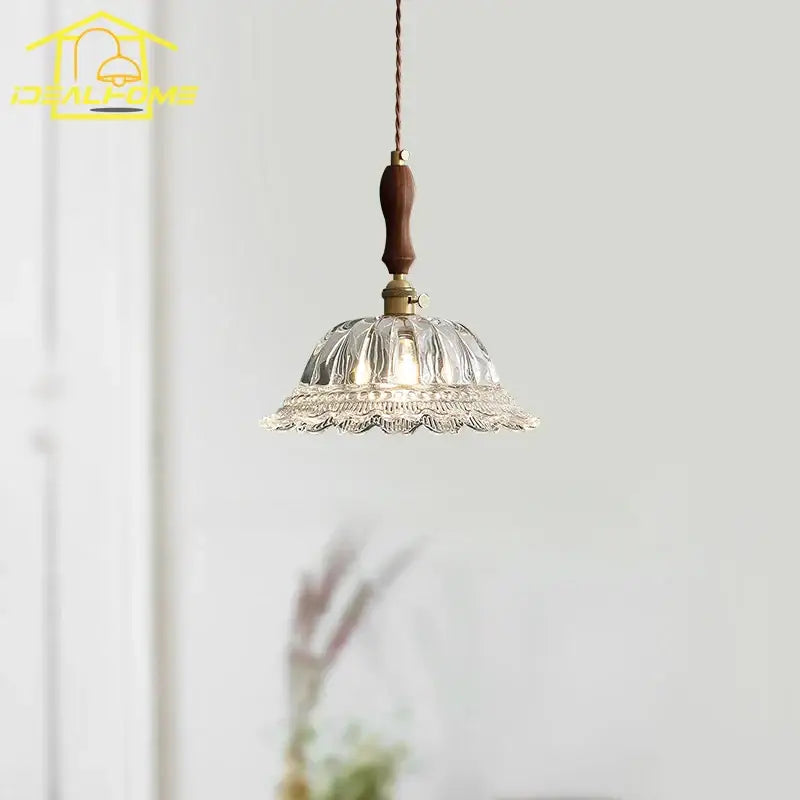 Clear glass pendant light with wooden handle and brass accents by decorbites french ins walnut for kitchen island lighting