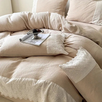 Beige linen duvet set with delicate white floral lace trim for decorbites french lace cotton mint green bedding set