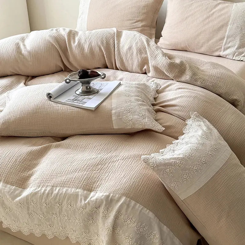 Beige linen duvet set with delicate white floral lace trim for decorbites french lace cotton mint green bedding set