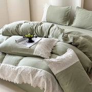 Mint green linen bedding set with delicate white french lace cotton trim by decorbites french lace for elegant decor