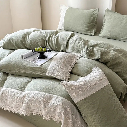 Mint green linen bedding set with delicate white french lace cotton trim by decorbites french lace for elegant decor