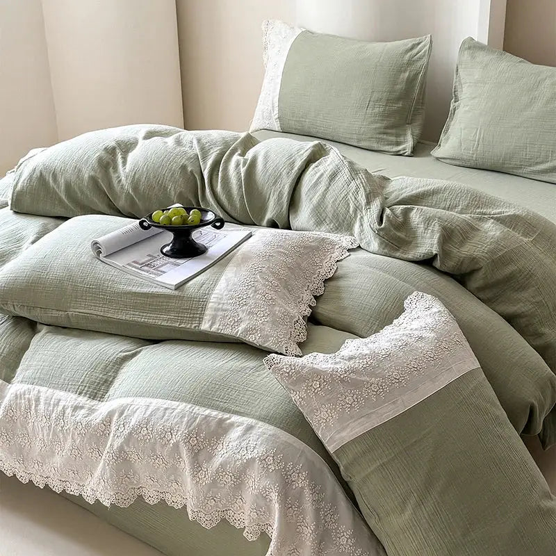 Mint green linen bedding set with delicate white french lace cotton trim by decorbites french lace for elegant decor