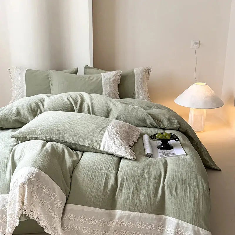 Mint green linen bedding set with delicate white french lace cotton trim from decorbites french lace collection