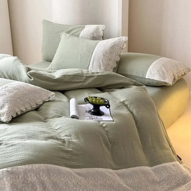 Soft sage green linen duvet bedding set with delicate white lace trim by decorbites french lace cotton
