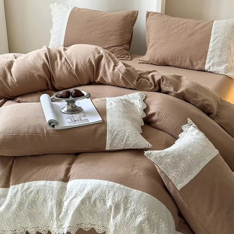 Tan linen duvet set with delicate white lace trim featuring decorbites french lace cotton for elegant bedding set decor