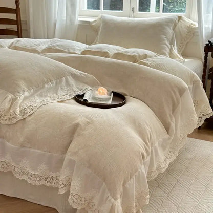 Cream-colored bedding set with delicate lace trim and ruffled edges made from decorbites jacquard linen cotton