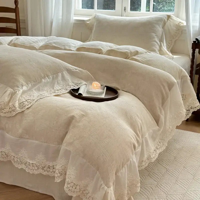 Cream-colored bedding set with delicate lace trim and ruffled edges made from decorbites jacquard linen cotton